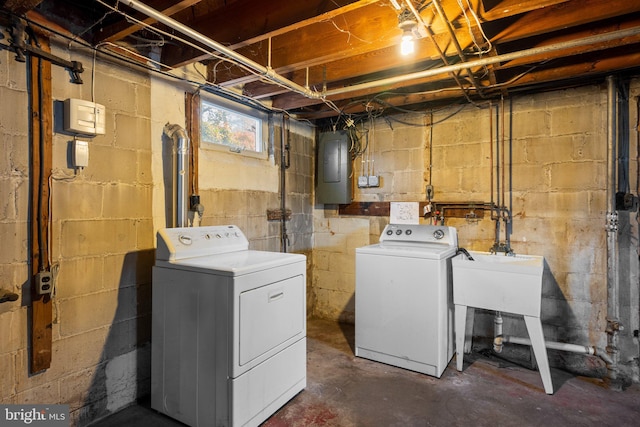 laundry area with washer and clothes dryer, sink, and electric panel