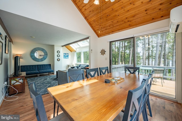 dining room featuring ceiling fan, wooden ceiling, a wall mounted air conditioner, high vaulted ceiling, and wood-type flooring