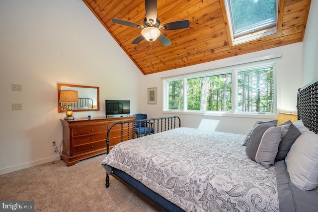 carpeted bedroom with wood ceiling, a skylight, high vaulted ceiling, and ceiling fan