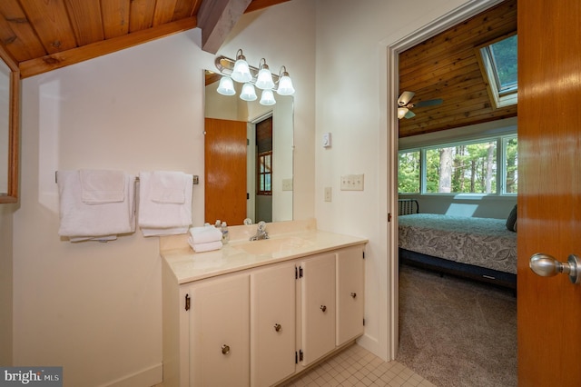 bathroom featuring vaulted ceiling with skylight, vanity, ceiling fan, wood ceiling, and tile patterned floors