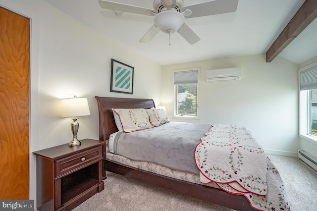 bedroom with ceiling fan, baseboard heating, a wall mounted AC, beam ceiling, and light colored carpet