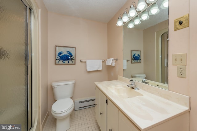 bathroom featuring a baseboard heating unit, tile patterned floors, a textured ceiling, vanity, and a shower with shower door