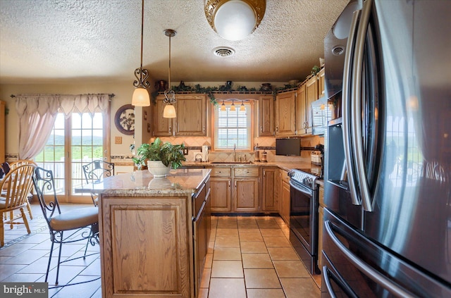 625 Brown Rd, Myerstown, PA 17067 - kitchen featuring stainless steel refrigerator with ice dispenser, range with electric stovetop, decorative backsplash, a textured ceiling, and light stone counters