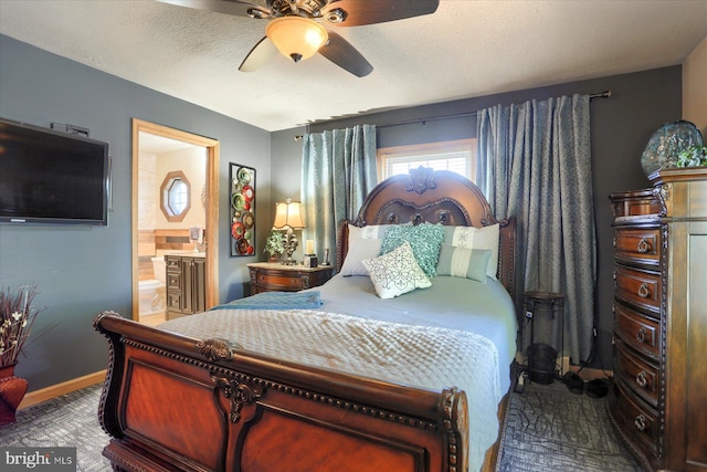 bedroom featuring connected bathroom, ceiling fan, carpet floors, and a textured ceiling