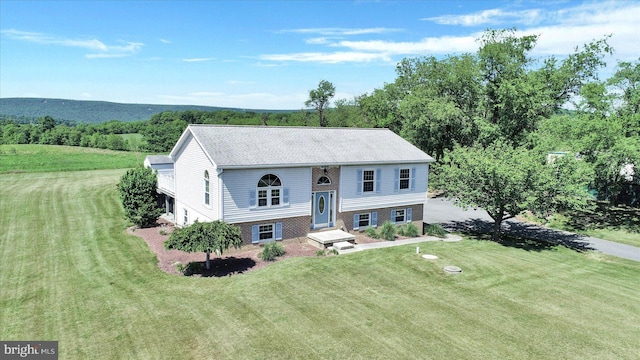 raised ranch with a front lawn