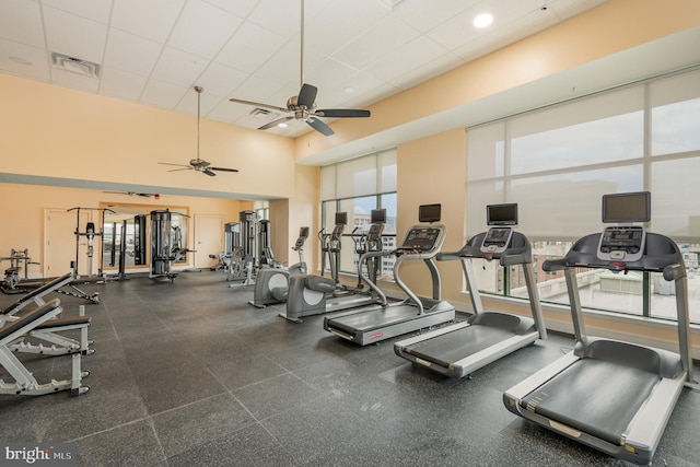 gym featuring ceiling fan, a drop ceiling, and a towering ceiling