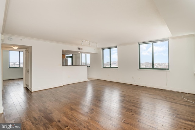 unfurnished room with dark hardwood / wood-style flooring, rail lighting, and a healthy amount of sunlight