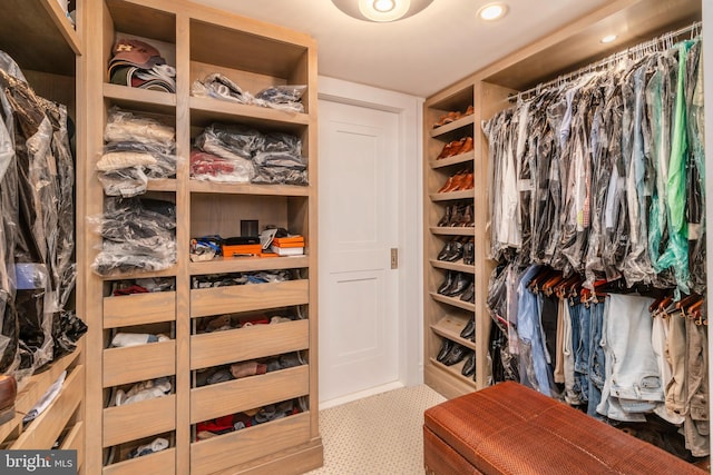 walk in closet featuring light carpet