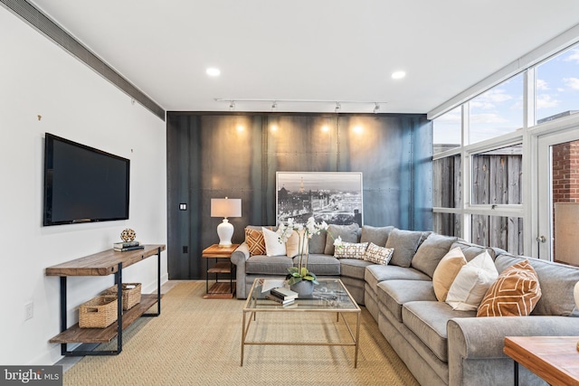 living room featuring track lighting and floor to ceiling windows