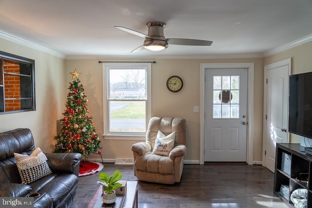 living room with ornamental molding, dark wood-type flooring, ceiling fan, and a healthy amount of sunlight