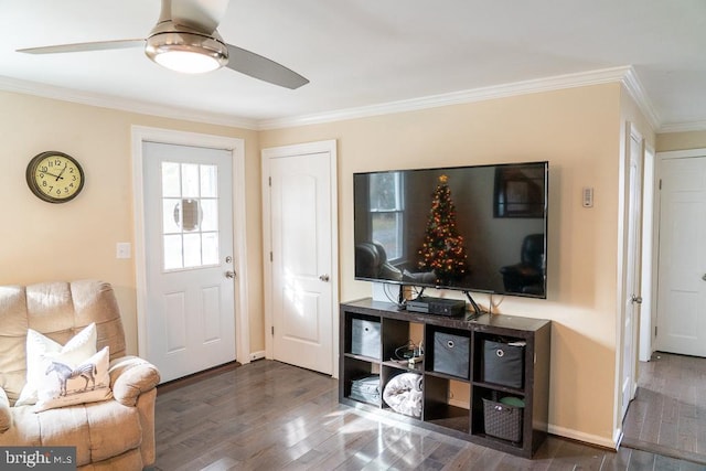 foyer entrance featuring ceiling fan, dark hardwood / wood-style flooring, and ornamental molding