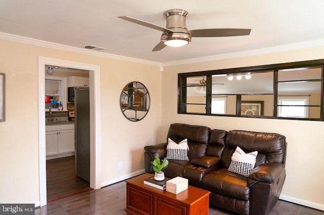 living room with dark hardwood / wood-style floors, ceiling fan, crown molding, and sink