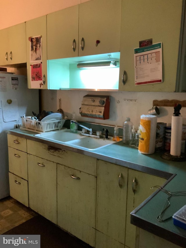 kitchen with backsplash, sink, and white fridge