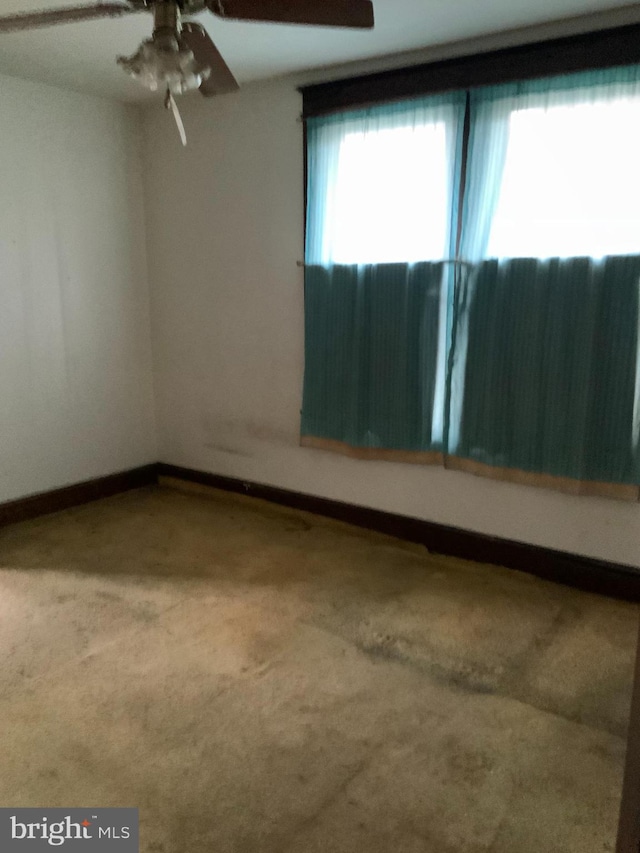 unfurnished room featuring ceiling fan and carpet