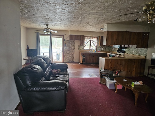 living room featuring plenty of natural light, wood-type flooring, and a textured ceiling