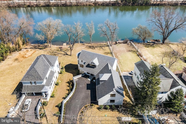 drone / aerial view featuring a water view