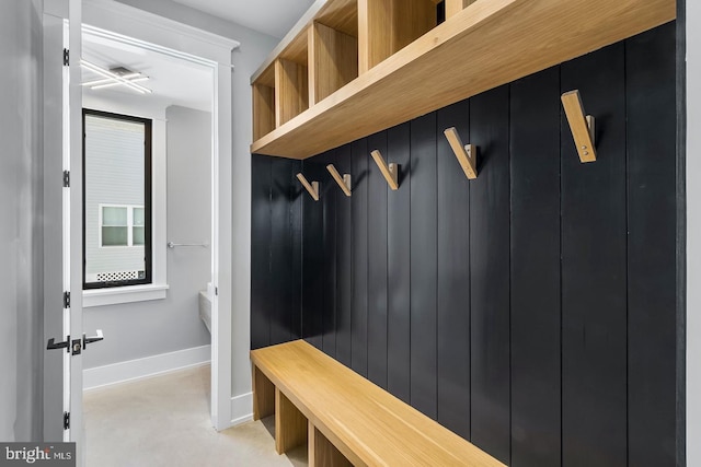 mudroom featuring light carpet