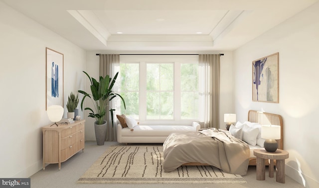 carpeted bedroom featuring a tray ceiling