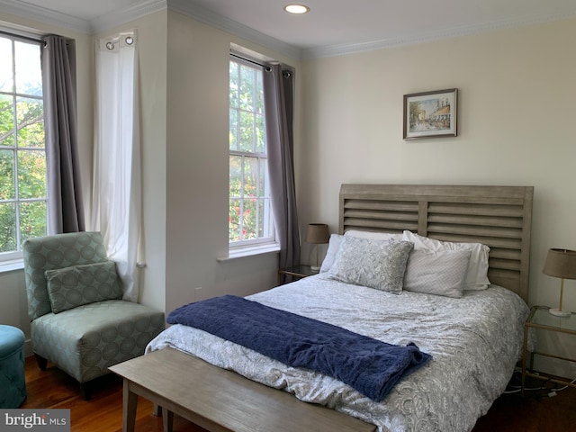 bedroom with multiple windows, crown molding, and dark wood-type flooring