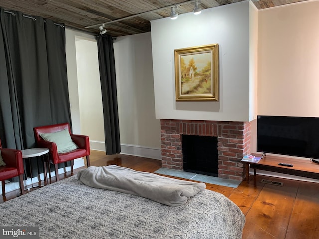 living room featuring hardwood / wood-style floors, a fireplace, and rail lighting