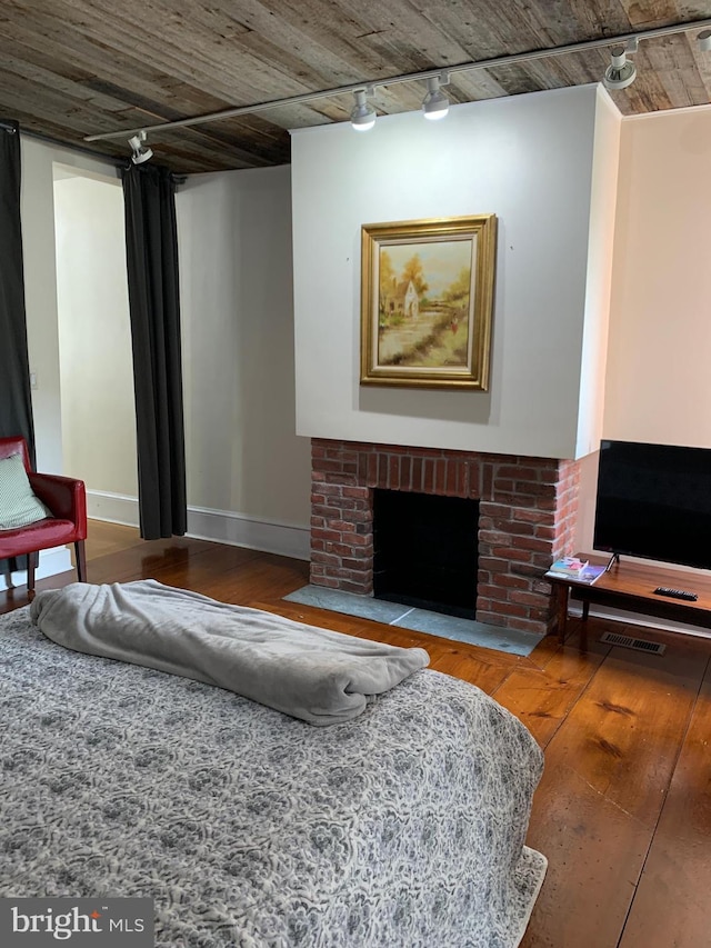 living room featuring hardwood / wood-style floors, a fireplace, and rail lighting