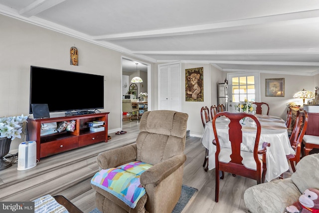 living room featuring hardwood / wood-style floors and beam ceiling