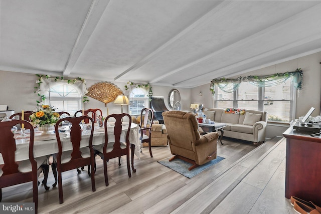 living room featuring beamed ceiling, a healthy amount of sunlight, and light hardwood / wood-style flooring