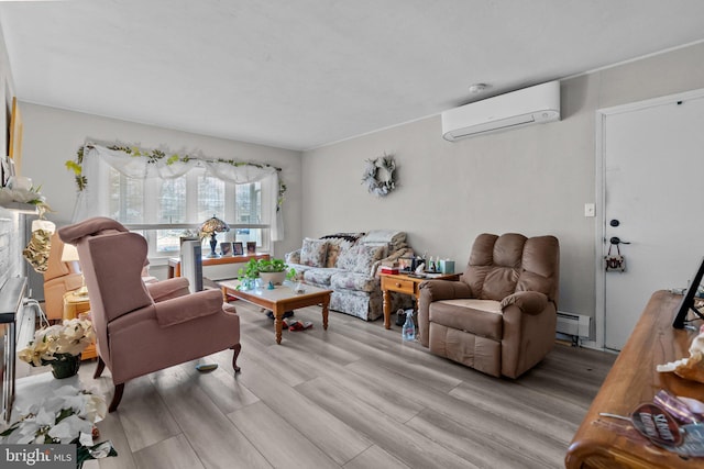 living room featuring light hardwood / wood-style floors, baseboard heating, and a wall mounted AC