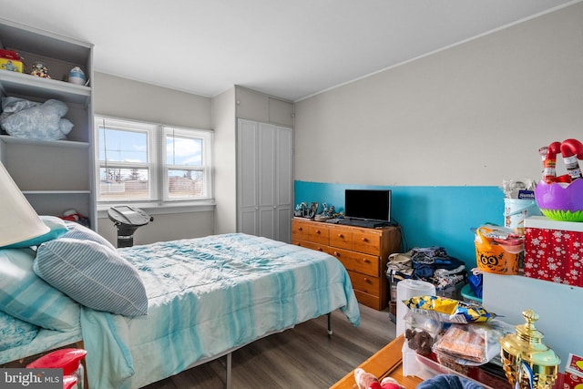 bedroom featuring hardwood / wood-style flooring and a closet