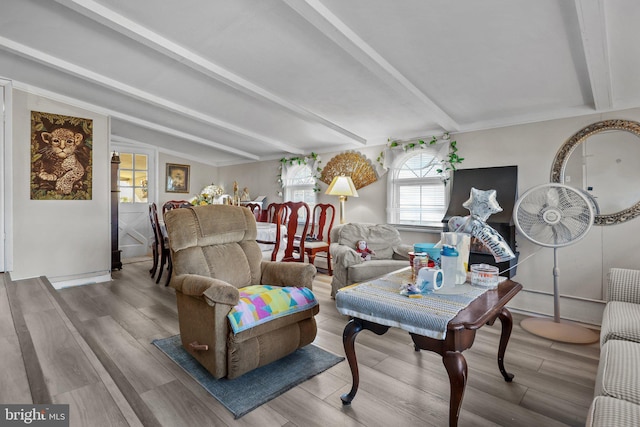 living room with lofted ceiling with beams