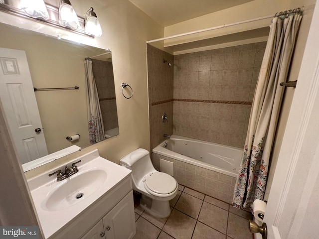 full bathroom with tile patterned flooring, vanity, toilet, and shower / bathtub combination with curtain