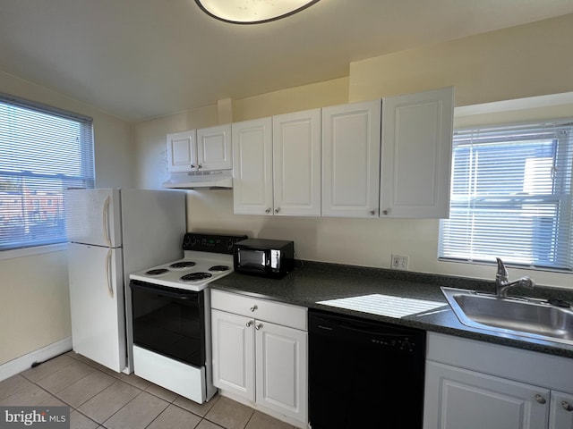 kitchen with black appliances, light tile patterned flooring, white cabinetry, and sink