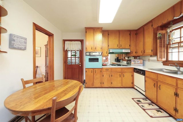 kitchen with white dishwasher, sink, electric cooktop, and oven