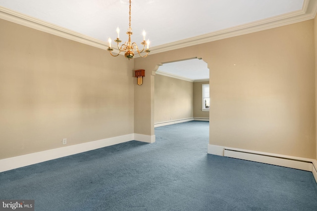 carpeted spare room with a chandelier, a baseboard heating unit, and crown molding