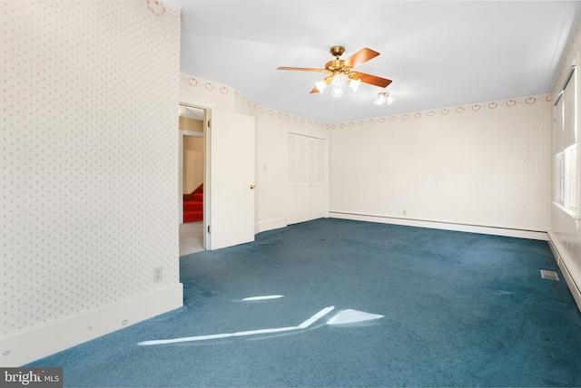 unfurnished bedroom with carpet floors and ceiling fan