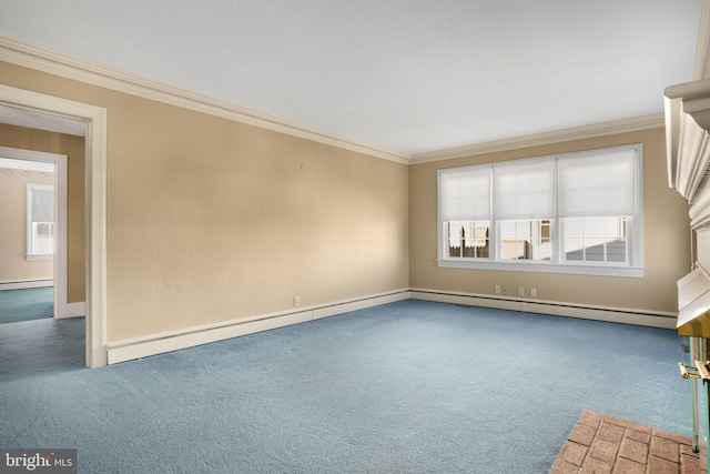 carpeted empty room with baseboard heating and crown molding