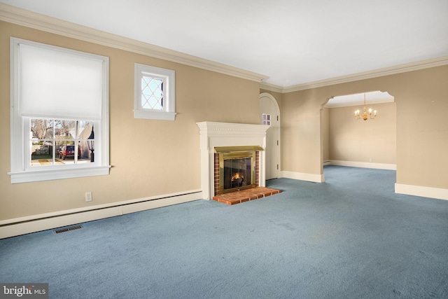 unfurnished living room featuring a fireplace, carpet flooring, a wealth of natural light, and a baseboard heating unit