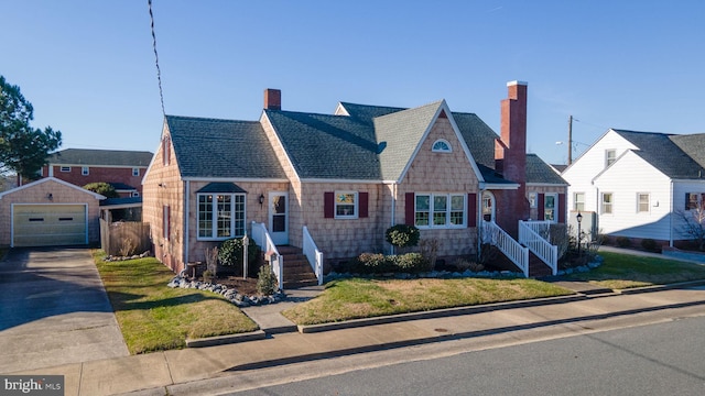 view of front of house featuring a garage, an outbuilding, and a front yard