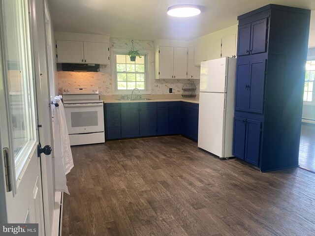 10031 Boteler Rd, Midland, VA 22728 - kitchen featuring white appliances, under cabinet range hood, blue cabinetry, and dark wood-type flooring