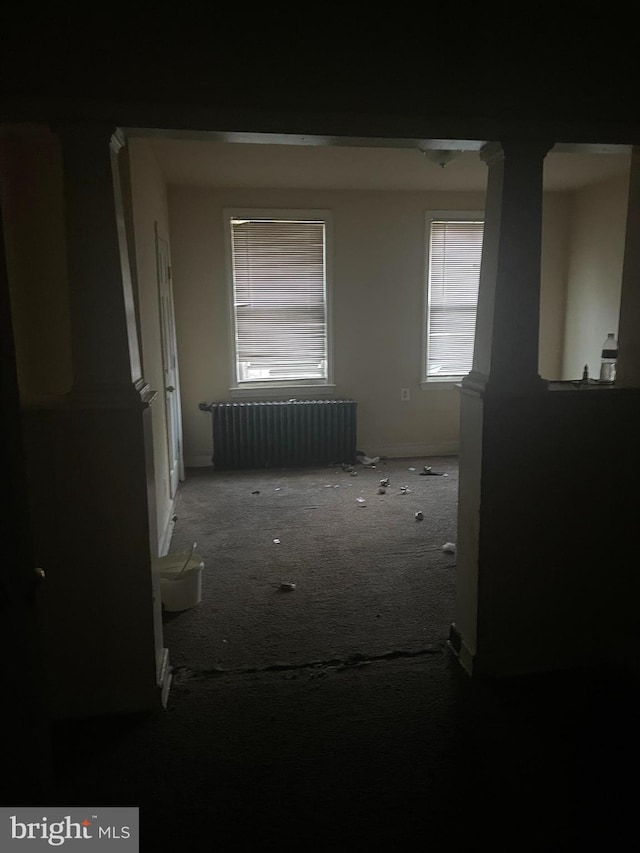 hallway with carpet, a wealth of natural light, and radiator