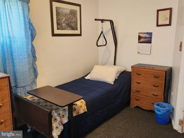 bedroom with dark carpet