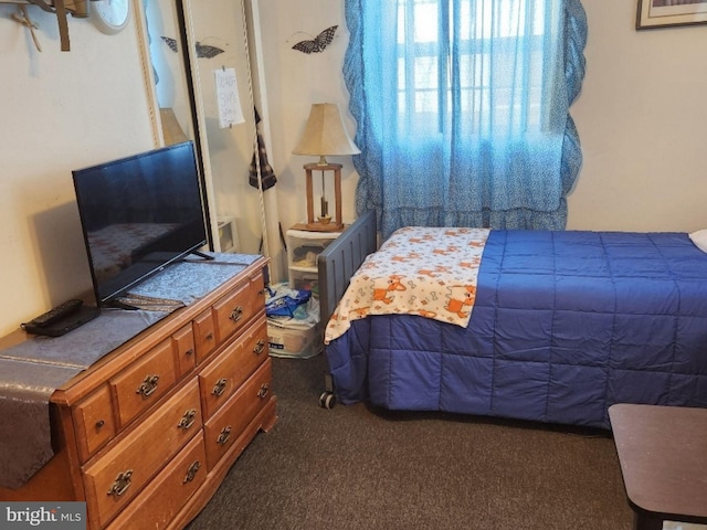 bedroom with dark colored carpet