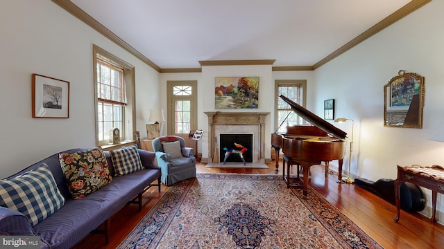 living room featuring hardwood / wood-style flooring, a premium fireplace, and crown molding