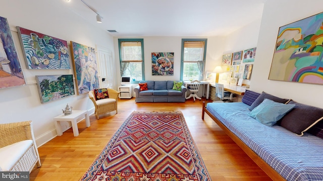 living room with light hardwood / wood-style floors and track lighting