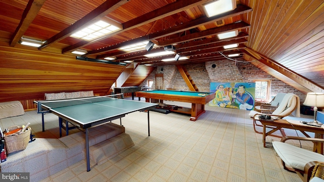 game room featuring beam ceiling, brick wall, wooden walls, wood ceiling, and pool table