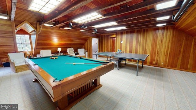 playroom featuring lofted ceiling with beams, wood ceiling, and pool table