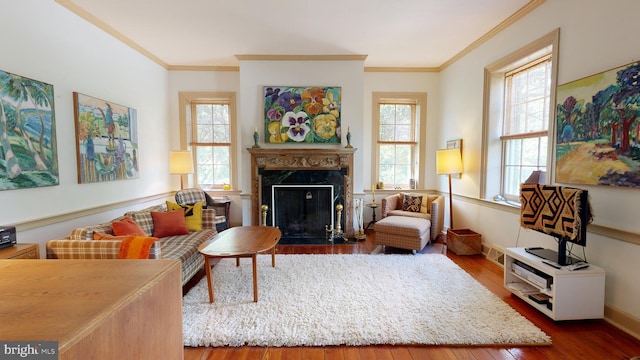 living room featuring hardwood / wood-style flooring, a premium fireplace, and ornamental molding