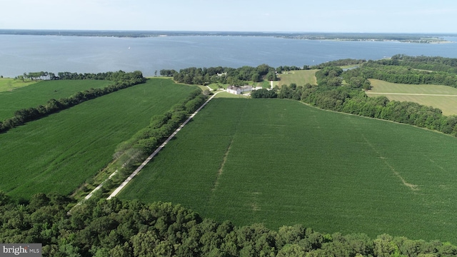 bird's eye view with a water view and a rural view