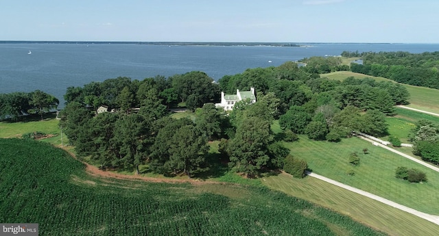 drone / aerial view with a rural view and a water view