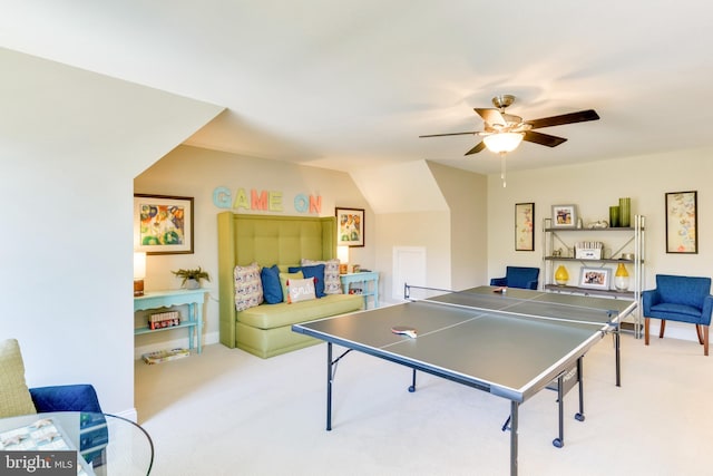 game room featuring ceiling fan and light carpet